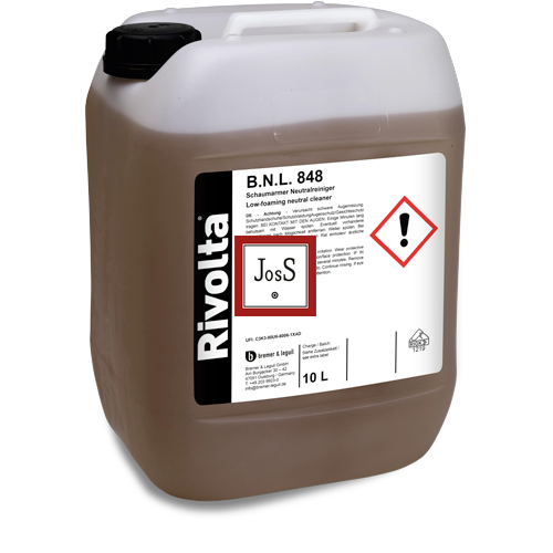 RIVOLTA B.N.L. 848 is a low-foaming, neutral industrial cleaner designed for the effective removal of oil, grease, and contaminants from sensitive materials, offering temporary corrosion protection.